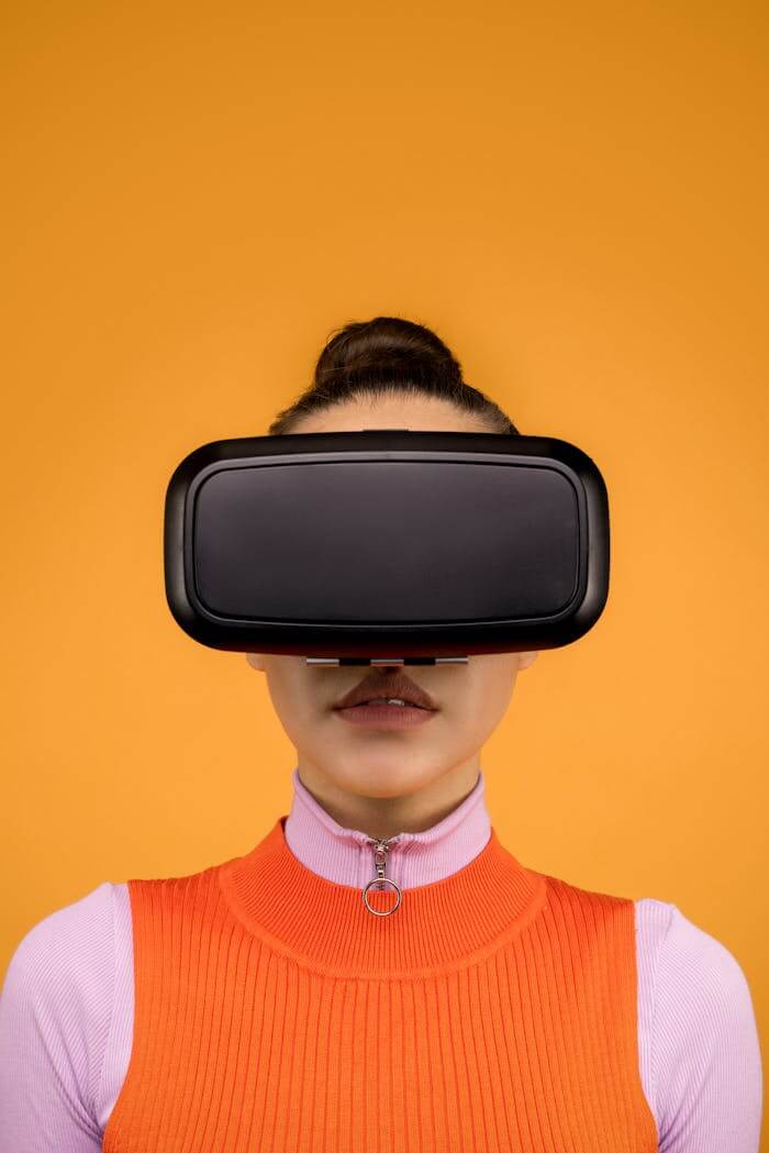 Portrait of a woman immersed in virtual reality experience wearing VR headset.
