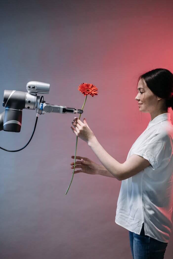 about-02 A woman interacts with a robotic arm holding a flower, symbolizing human-technology harmony.